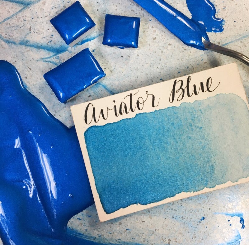 Aviator Blue (Pearlescent) Half Pan Watercolor: Stoneground Paint Co.