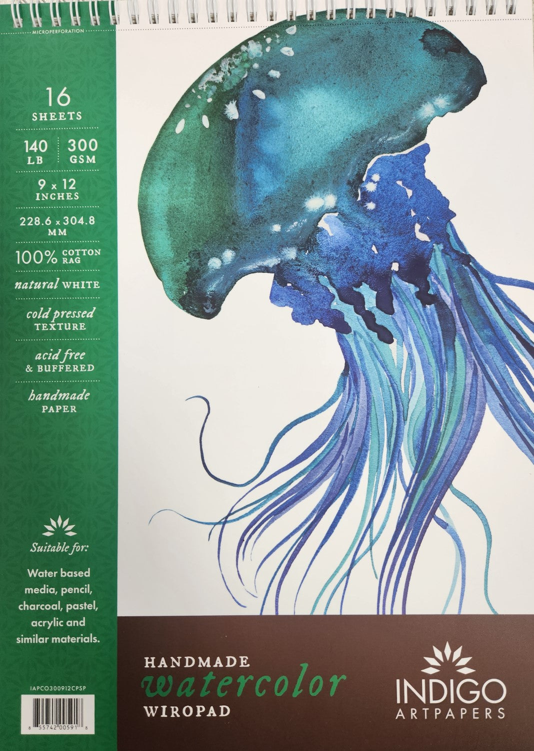 9"x12" Indigo Wire-O 100% Cotton Watercolor Pad: 16sht