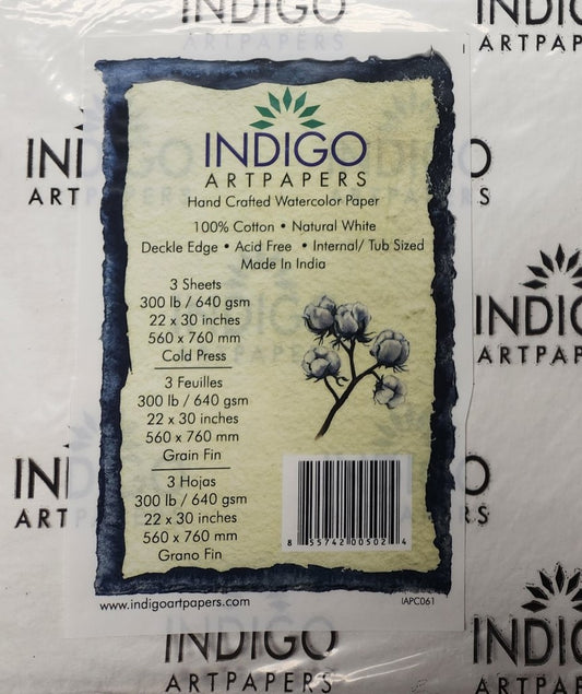 Indigo 640gm/2 (300#) Natural-White Watercolor Sheets 22"x30" / 3 sheet package