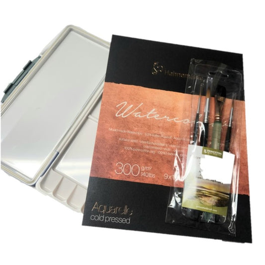 Watercolor Artist Accessories Selection: Brush, Paper, Palette
