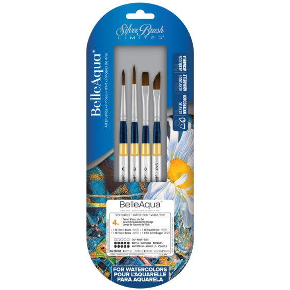 Travel Watercolor Set/4 - BelleAqua Short-Handle Brushes