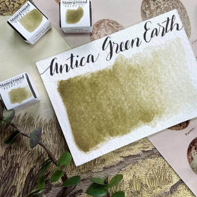 Antica Green Earth Half Pan Watercolor: Stoneground Paint Co.