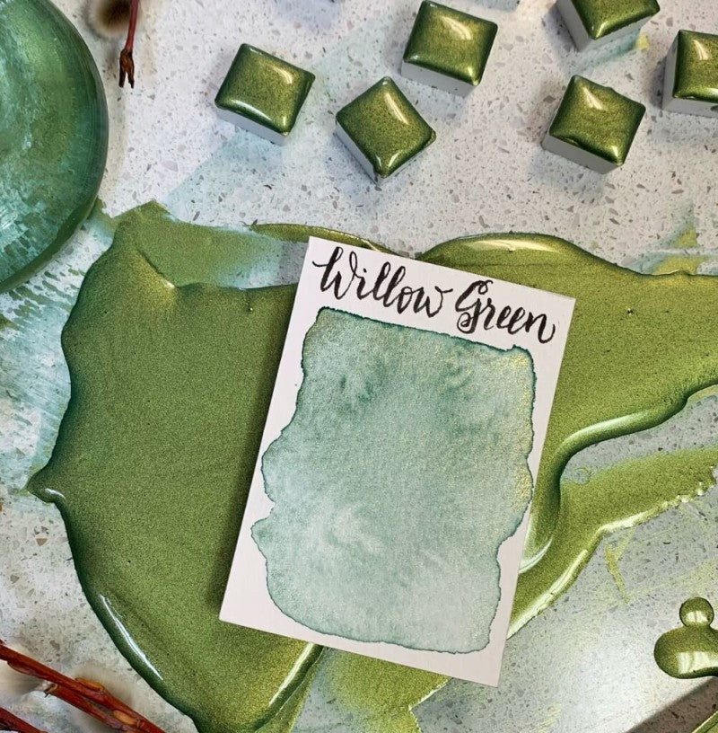 Willow Green (Pearlescent) Half Pan Watercolor: Stoneground Paint Co.